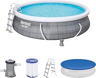 Bestway Komplettset Fast Pool 457x457x107 cm, Gartenpool selbstaufbauend mit aufblasbarem Luftring rund im Komplett Set, mit Filterpumpe, Sicherheitsleiter und Abdeckplane, Blau, 457 x 107 cm