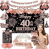40th Birthday Decorations for Women Black Rose Gold, 40th Birthday Crown and Sash Awesome Since 1986 Banner Backdrop Balloons Cake Topper Table Sign Hanging Swirls Vintage 1986 Gifts 21pcs