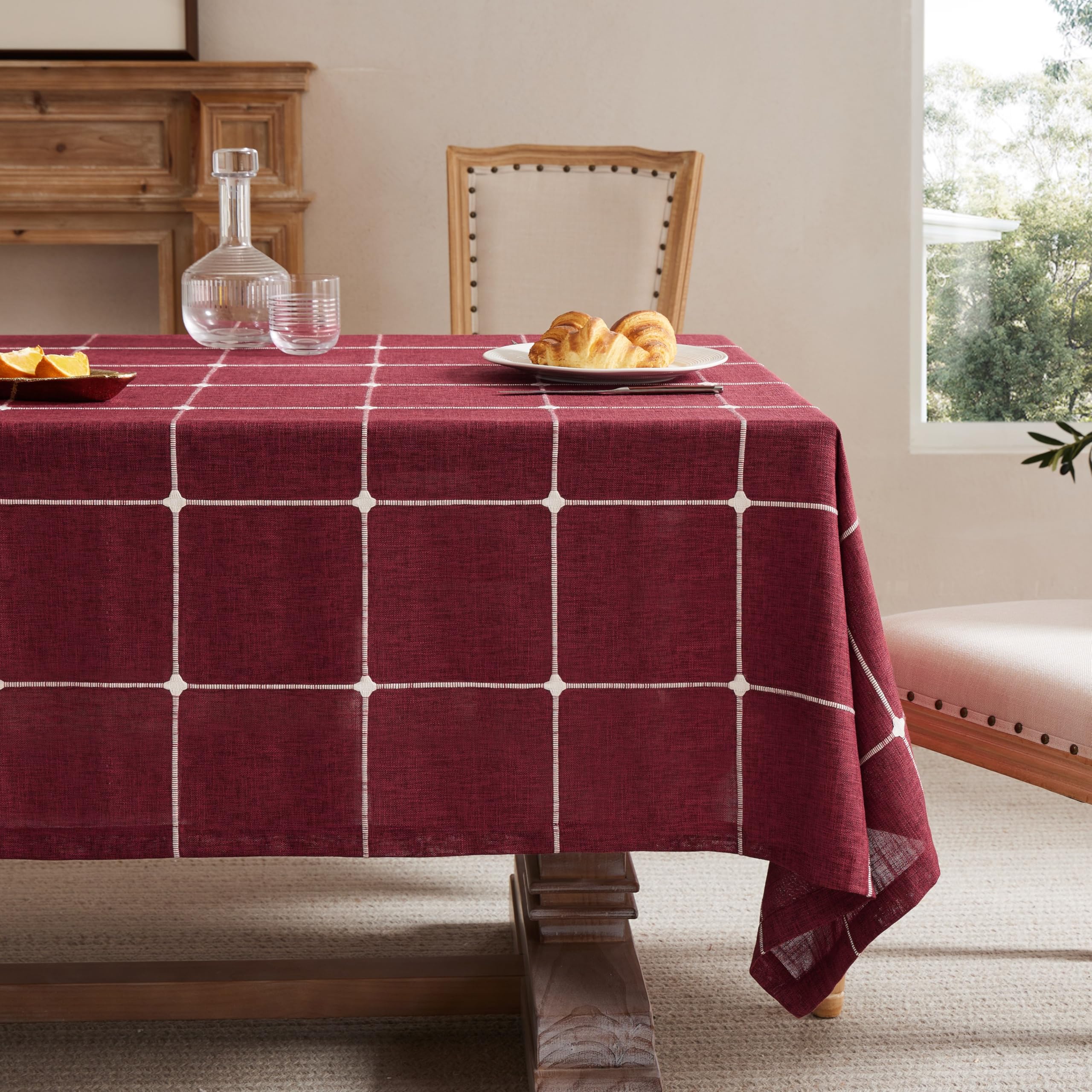 Photo 1 of ZeeMart Grid Embroidered Hemmed Tablecloths, Burgundy 52x70 Inch, Farmhouse Style Heavy Weight Cotton Linen Red Tablecloths, Boho Plaid Water Resistant Rectangle Table Cloth
