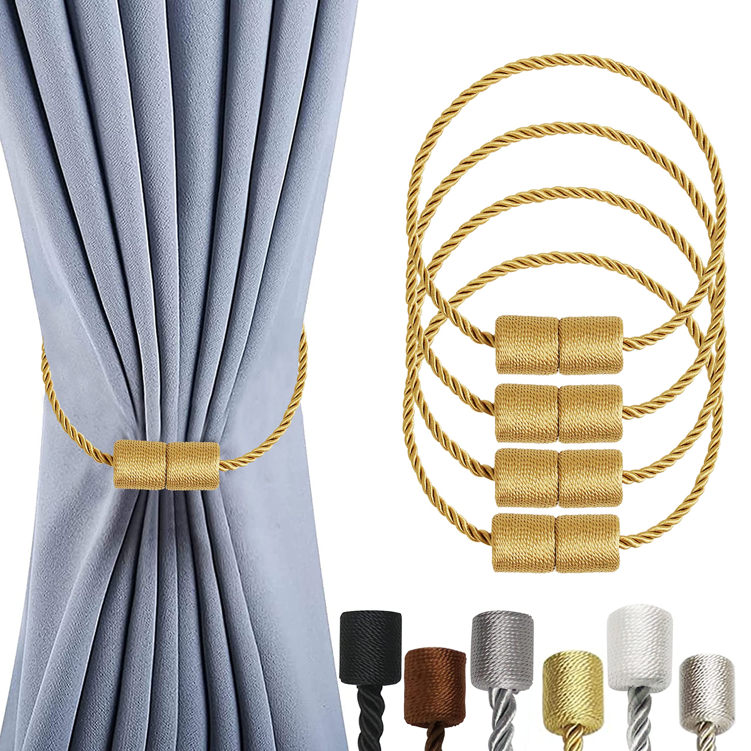 OCIOLI 4 Pack Magnetic Curtain Tiebacks Curtain Holdbacks Tie Backs Curtain Ties with Thicker Twist Rope & Strong Magnet Tie Backs for Curtains (Gold, 4)