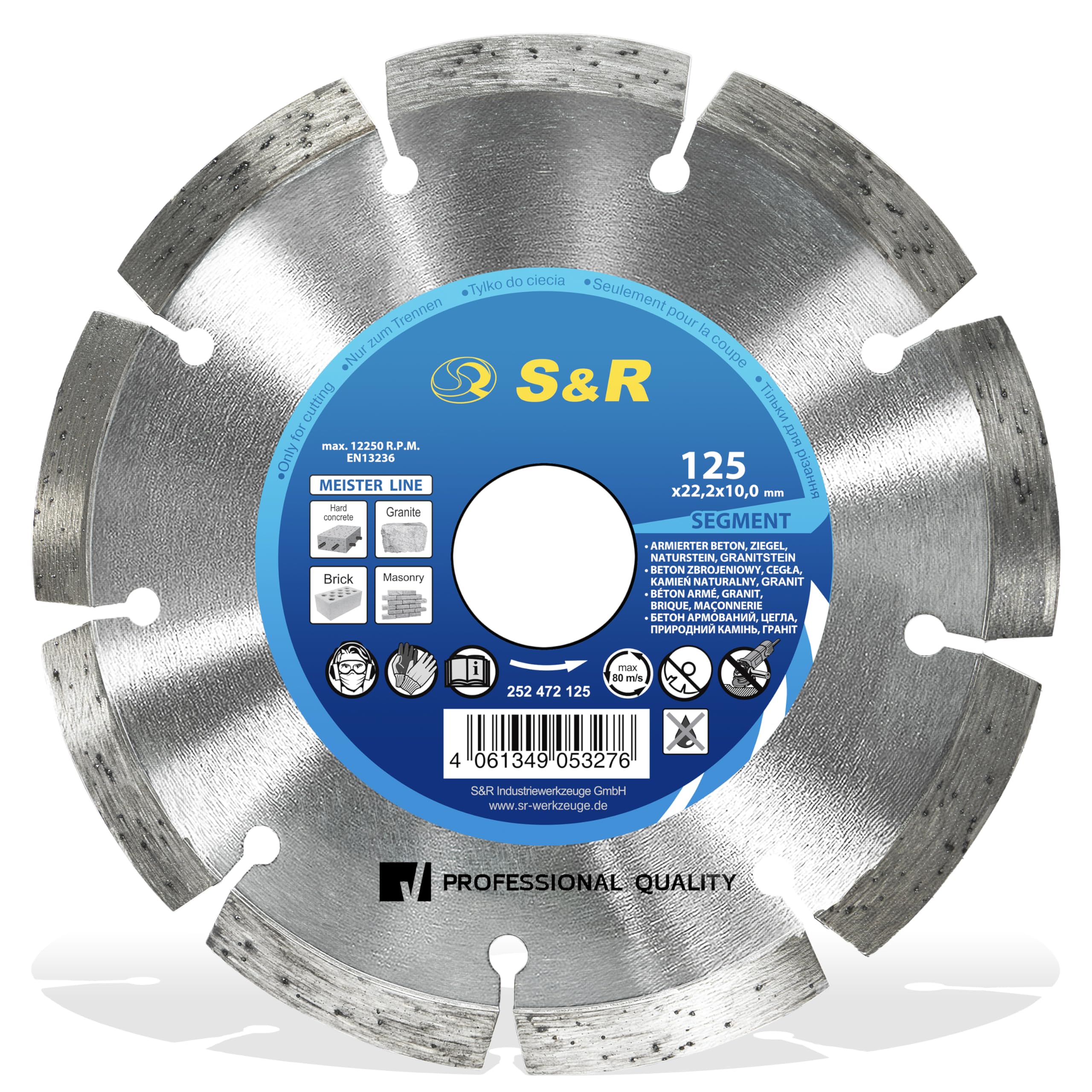 S&R Diamond Cutting Disc Pro, Diamond blade 125 x 22,23 x 10 x 2,2 mm grinder standard, laser welded for cutting concrete, reinforced concrete, granite, natural stone, brick