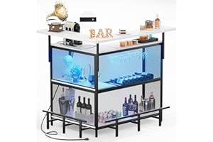 Hyomdeck L Shaped Home Bar Unit with Power Outlet & LED Light, Corner Bar Cabinet with Footrest, Wine Bar Cabinet with Glass Holder and Liquor Rack, Bar Table for Dining Room, Kitchen, Basement, White