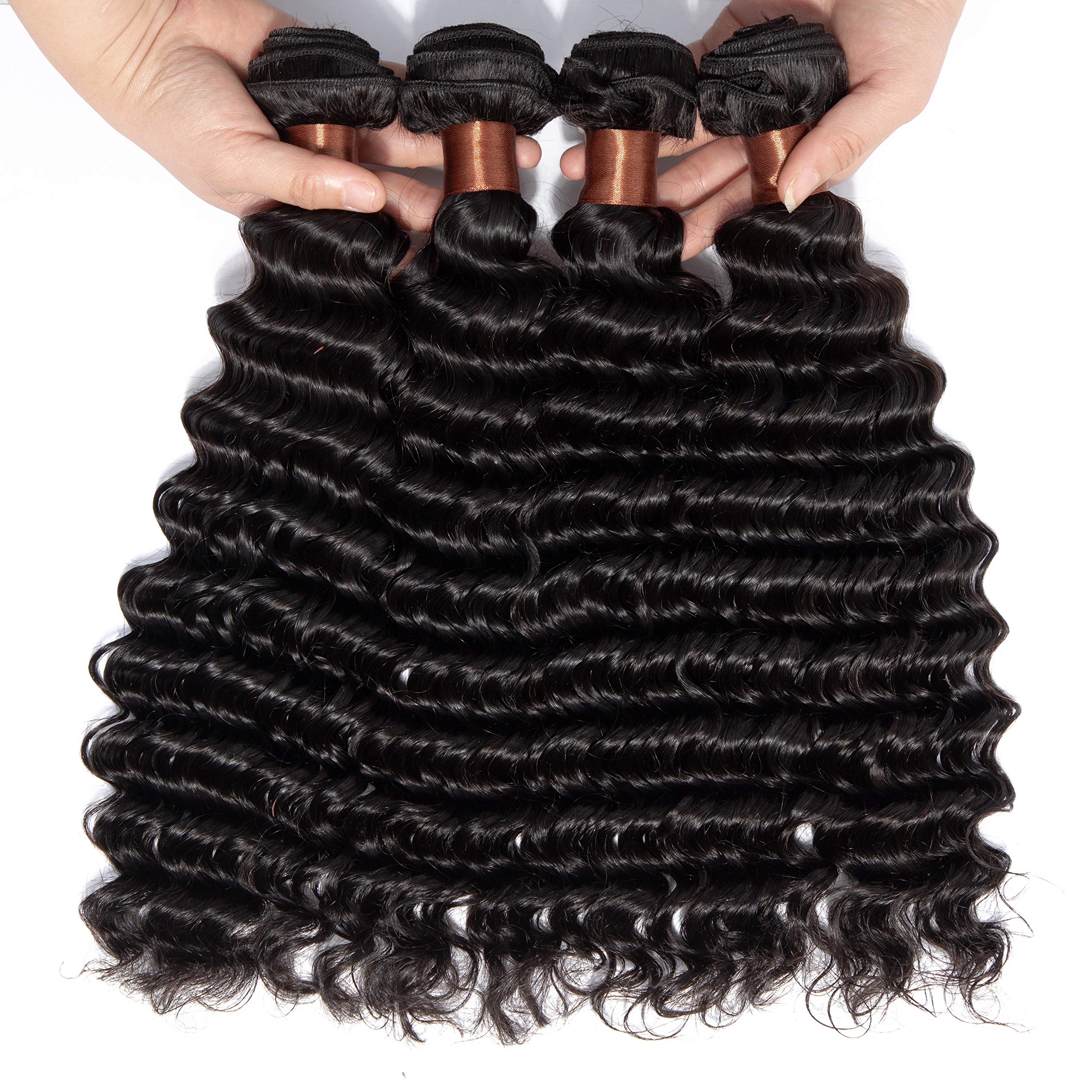 BLACKMOON HAIR Brazilian Hair 4 Bundles Weaves Virgin Unprocessed Deep Wave Human Hair 18 20 22 24 inches Brazilian Deep Wave Hair Natural Black Color