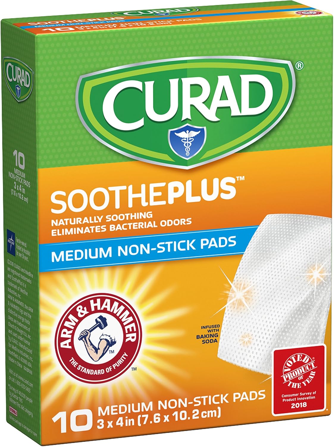 CURAD SoothePLUS Non-Stick Pads with ARM & HAMMER Baking Soda, 3" x 4", 10 count: Health & Personal Care