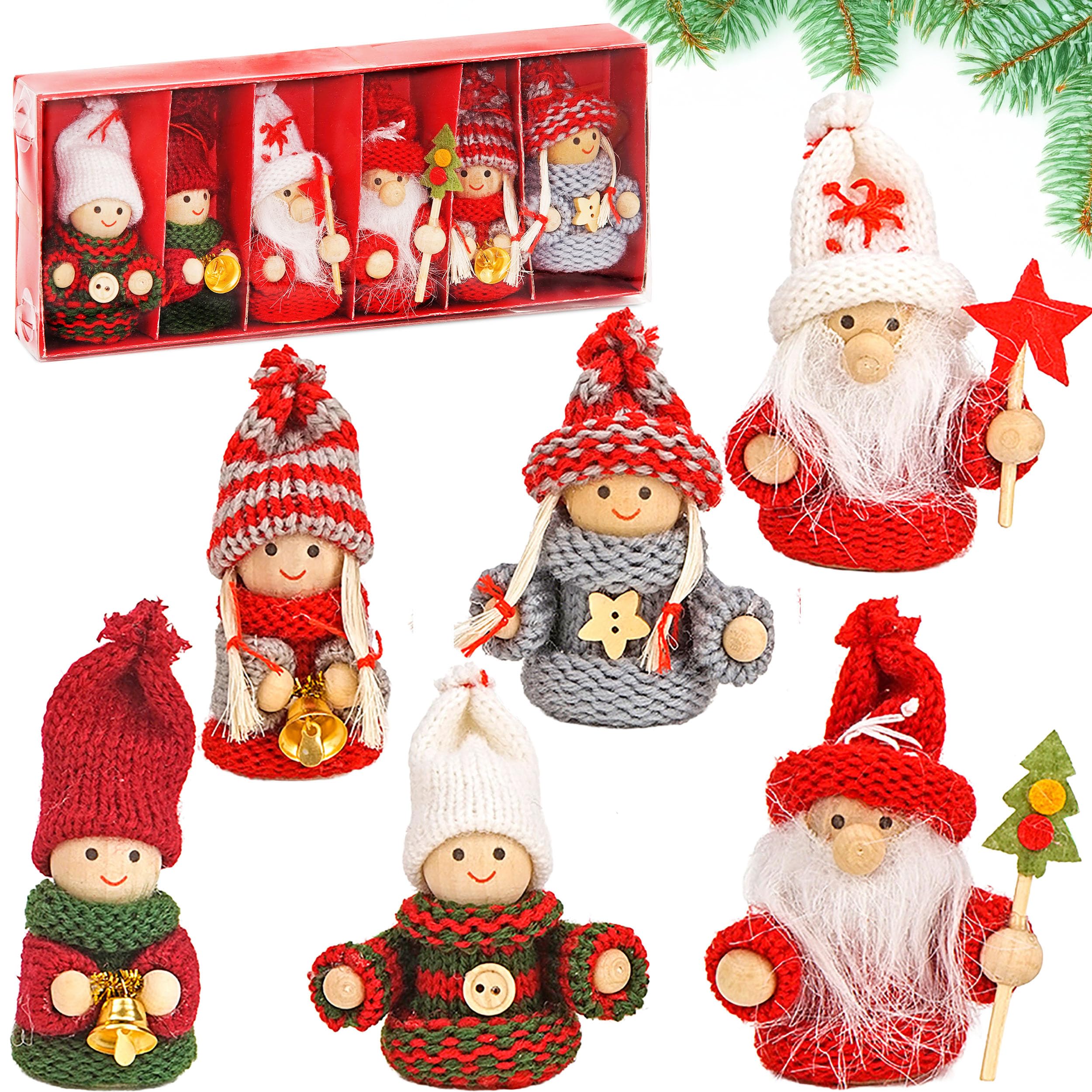 BRUBAKER 6-Piece Set Christmas Dolls - Wood/Knit - 3.2 Inches Height - Tree Ornaments in Red Gift Box