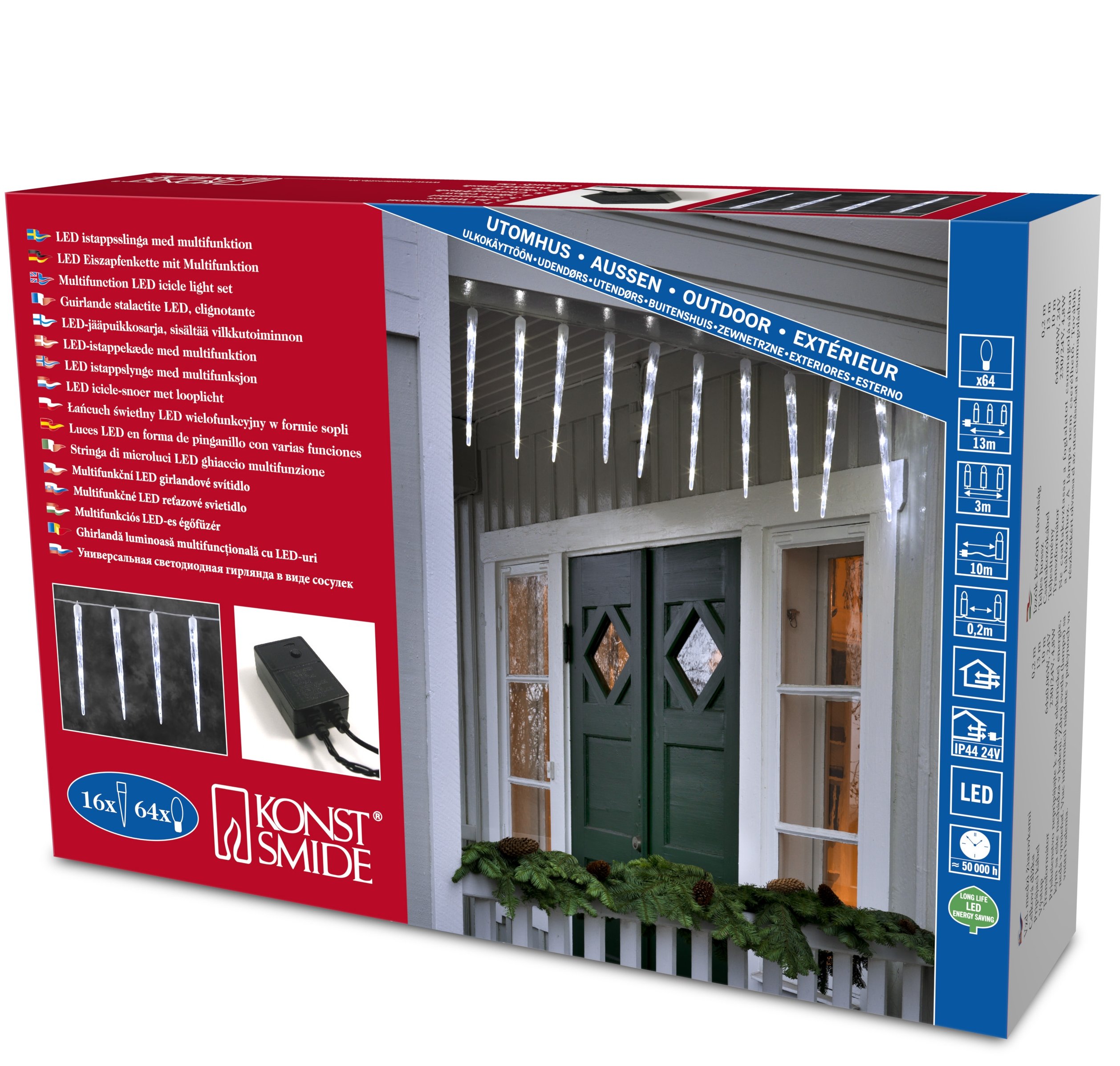 Konstsmide Outdoor Lighting Multifunction Frozen Icicle Light Set with 64 Multifunction LEDs - Ice White