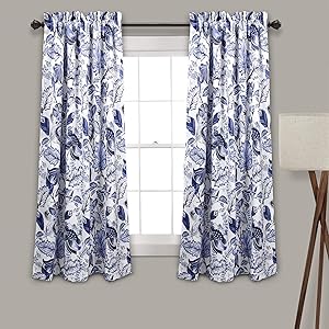 Lush Decor Cynthia Jacobean Darkening Window Curtains Panel Set for Living, Dining Room, Bedroom (Pair), 63" L, Blue