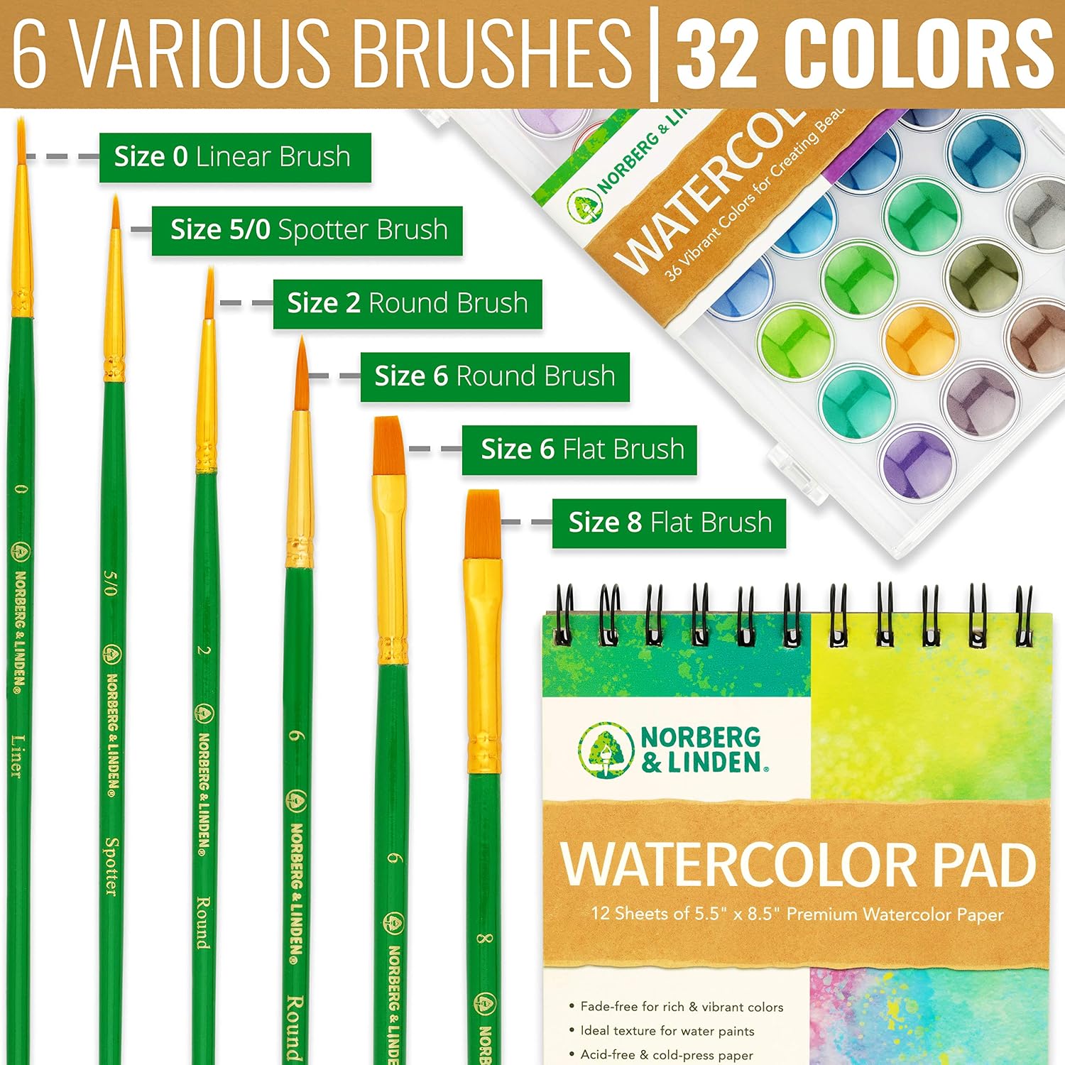 Norberg & Linden Watercolor Paint Set, 36 Premium Paints, 12 Page Pad, 6 Brushes, Painting Supplies with Palette, Watercolors - Image 4