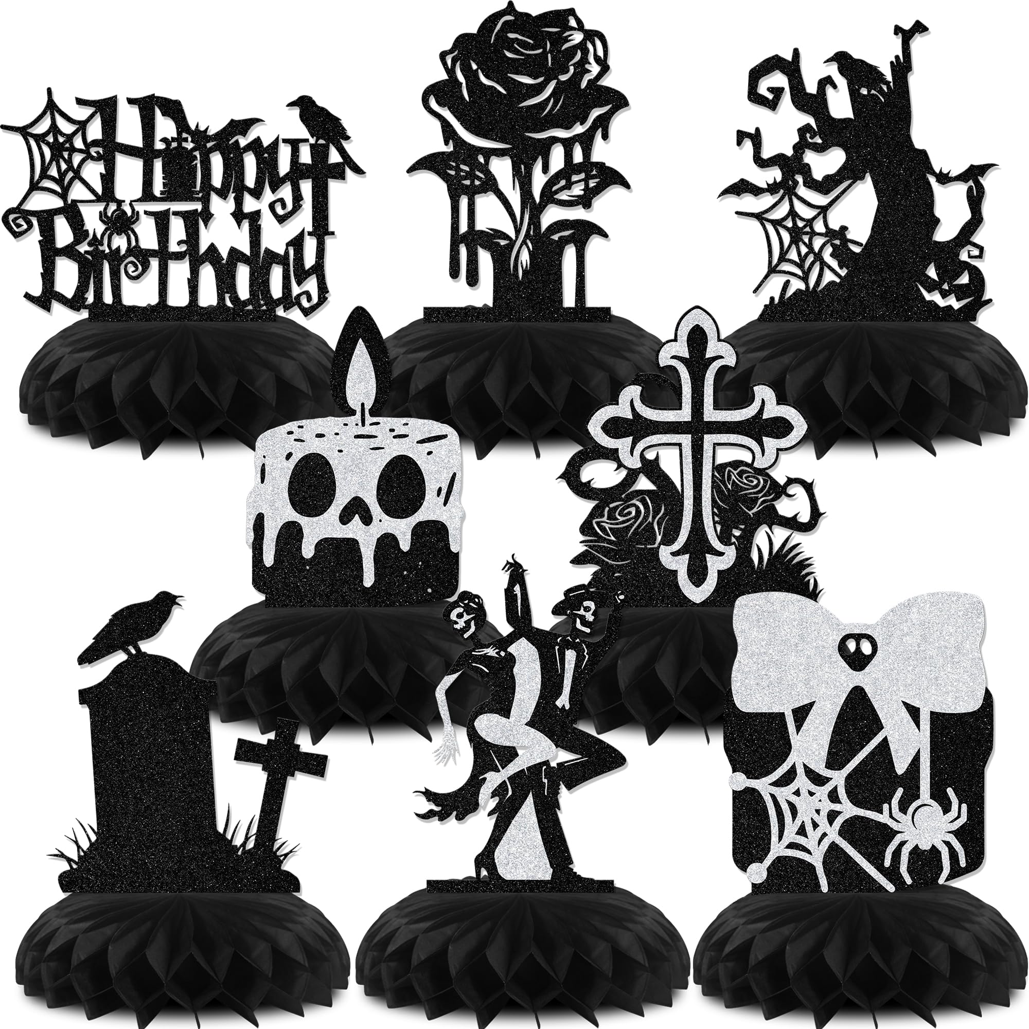 Aumccxz 8Pcs Gothic Birthday Honeycomb Centerpieces It Was Never A Phase Emo Birthday Party Decorations Farewell Sweet Youth Gothic Party Decorations Black & Silver