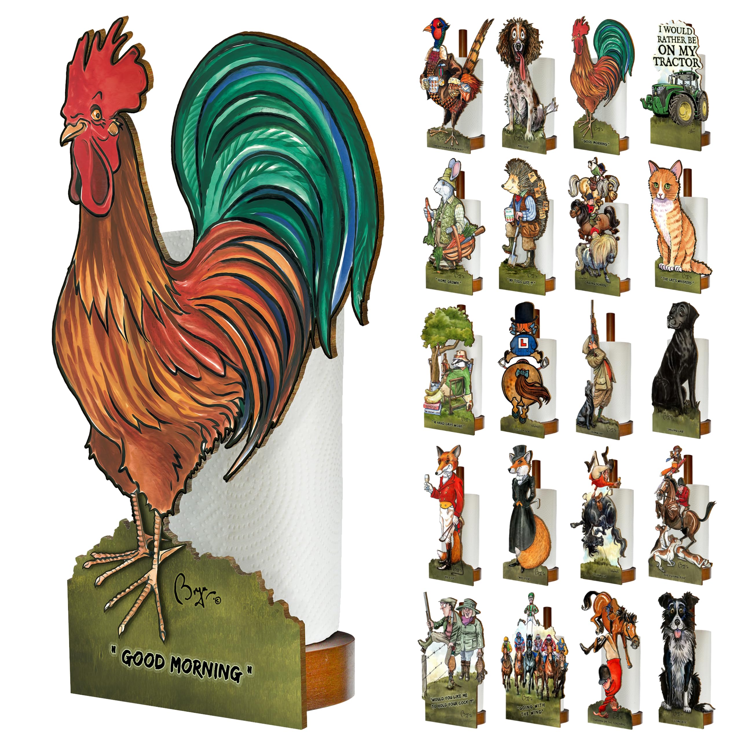 Looprints Fun Toilet Roll Storage & Kitchen Towel Holder Wooden Stand | Kitchen & Bathroom Decor & Accessories | Bryn Parry Cockerel, A Blend Of Farmhouse Decor & Functionality, A Great New Home Gift.