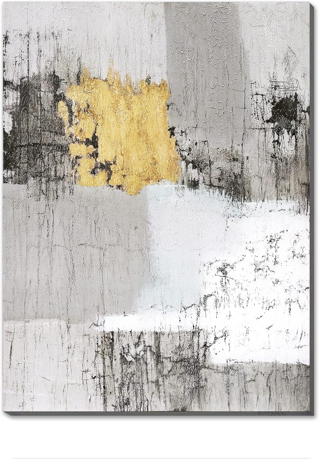 Paintings - Ysjart - Textured Gray Gold Abstract Canvas Wall Art Prints With Gold Foil - Hand Embellished Grey White Oil Painting Modern Home Decor for Living Room Bedroom Office, Ready to Hang - 24x32inch
