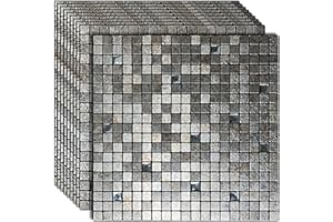 XUANINY Peel and Stick Backsplash Tiles for Kitchen,Bathroom,Fireplace,Self Adhesive Metal Aluminum Mosaic (12"x12") (10, Printed Silver Grey)