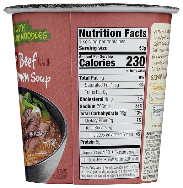 MIKE’S MIGHTY GOOD SPICY BEEF BONE BROTH RAMEN CUP (PACK OF 6) – 10G PROTEIN INSTANT RAMEN NOODLES – ORGANIC STEAMED, NON-GMO, PALM OIL-FREE – RICH TASTING, NO ARTIFICIAL FLAVORS