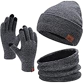 Winter Beanie Hat Scarf Touchscreen Gloves Set for Men and Women, Beanie Gloves Neck Warmer Set with Warm Knit Fleece Lined