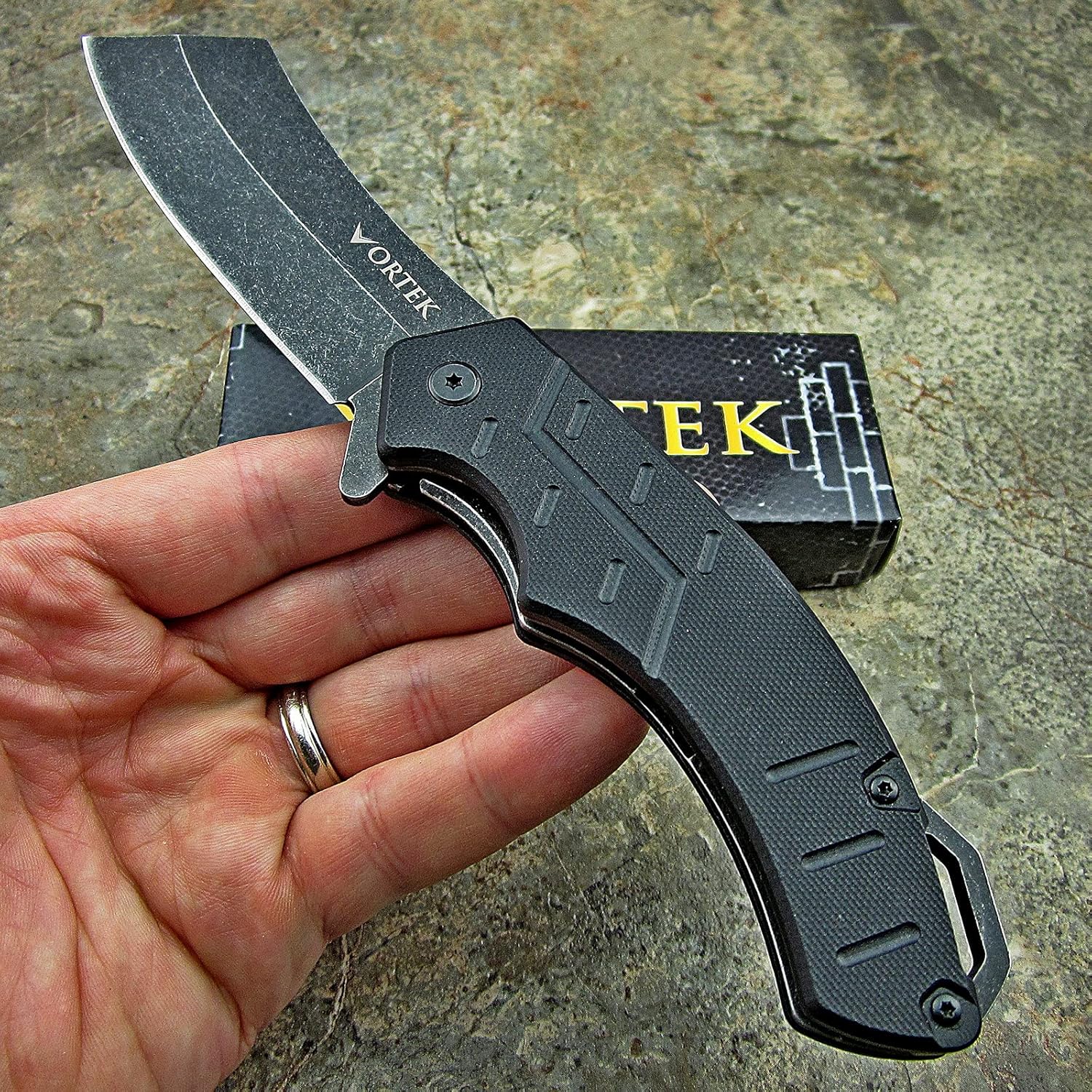 VORTEK Pocket Cleaver Knife: Ball Bearing Pivot, 8Cr13MoV Razor Sharp Cleaver Blade, Ultra Smooth Opening, Non-Slip G10 Handles, Heavy Duty Construction Built Tough: Kitchen & Dining