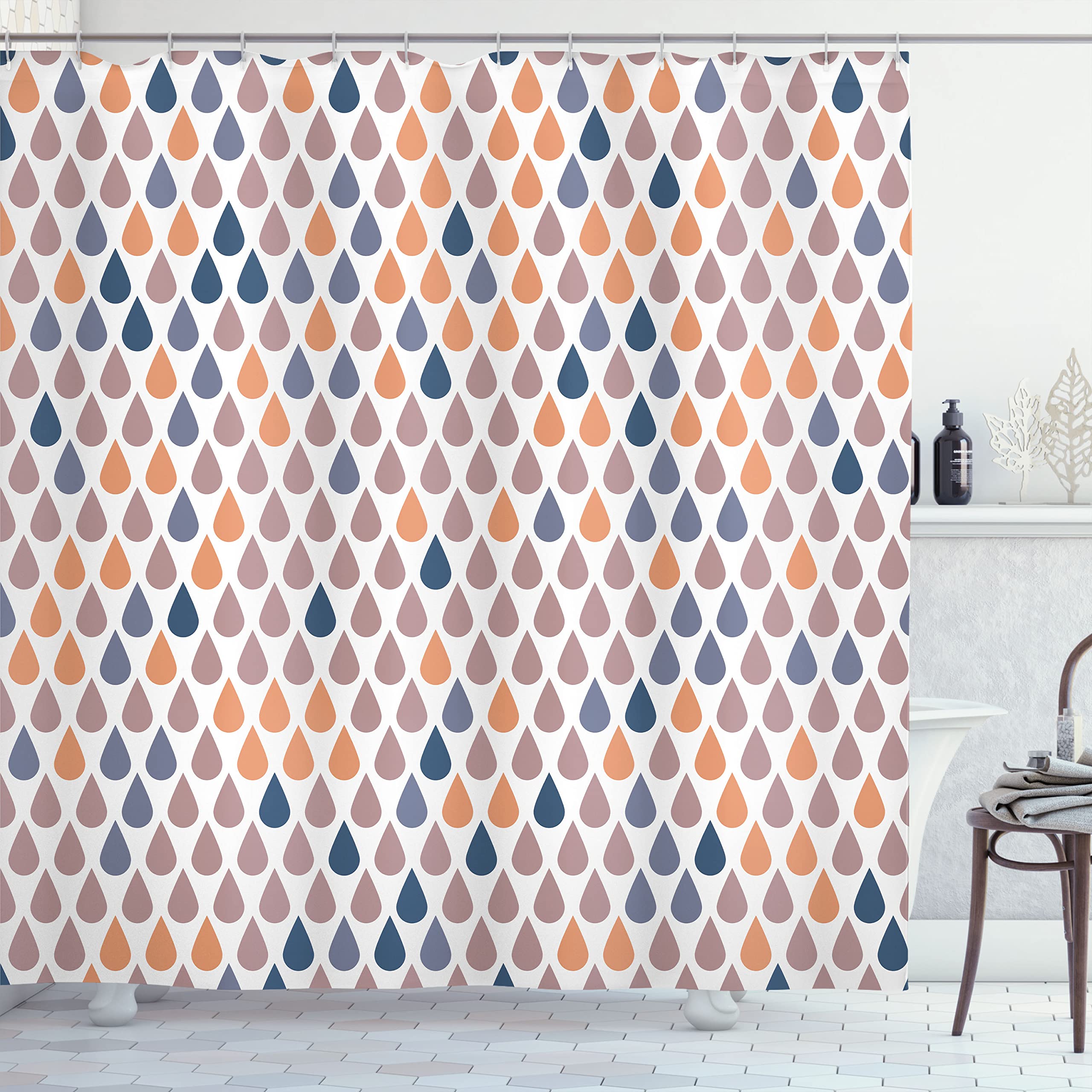 ABAKUHAUS Nature Shower Curtain, Repeated Minimalist Rain Drops Splashes Tears of Earth Air Gravity Image Art, Cloth Fabric Bathroom Decor Set with Hooks, 175 x 180 cm, Dark Peach