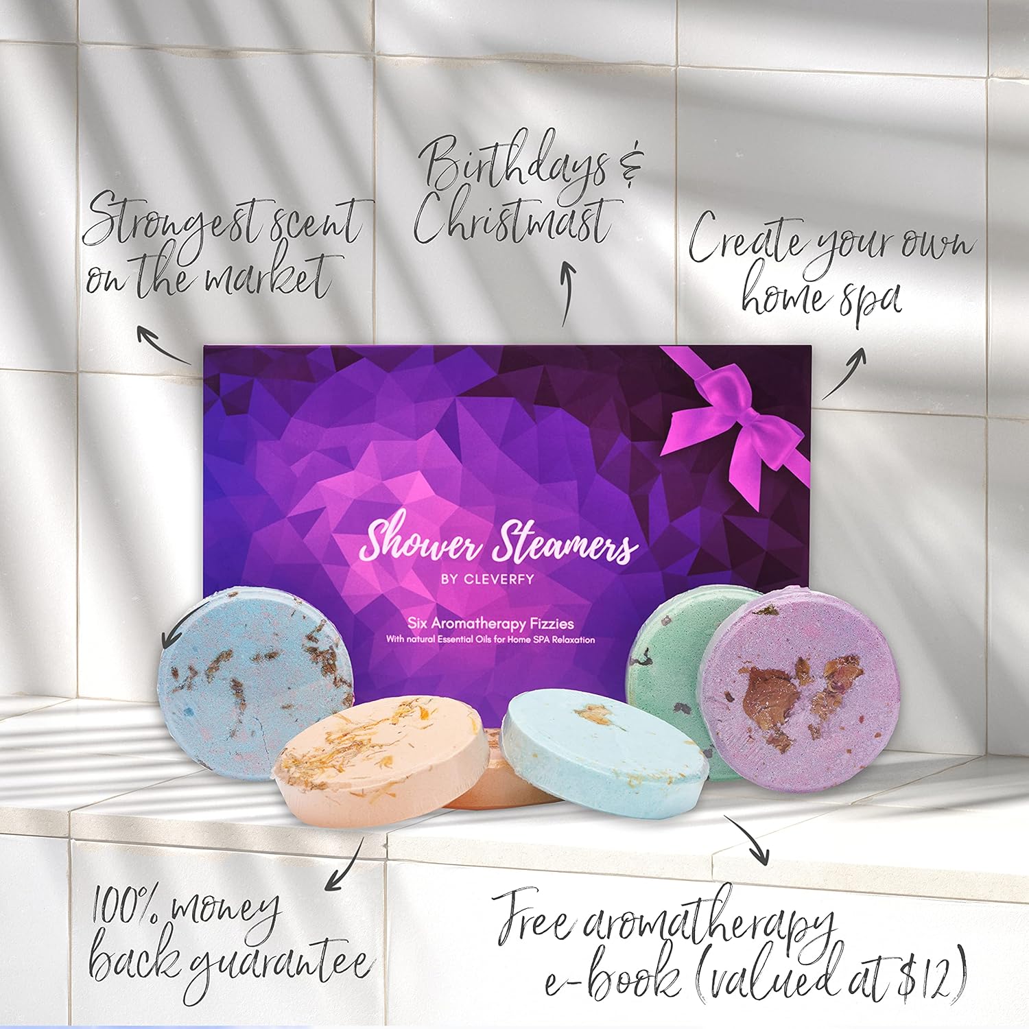 Cleverfy Aromatherapy Shower Steamers - Fathers Day Variety Pack of 6 Shower Steamers with Essential Oils. Purple Set: Lavender, Menthol & Eucalyptus, Vanilla, Watermelon, Grapefruit, and Peppermint: Health & Personal Care