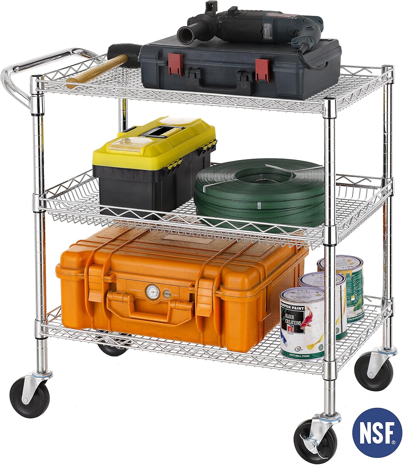 Finnhomy 3 Tier Heavy Duty Commercial Grade Utility Cart, Wire Rolling Cart with Handle Bar, Steel Service Cart with Wheels, Utility Shelf Plant Display Shelf Food Storage Trolley, NSF Listed: Kitchen & Dining