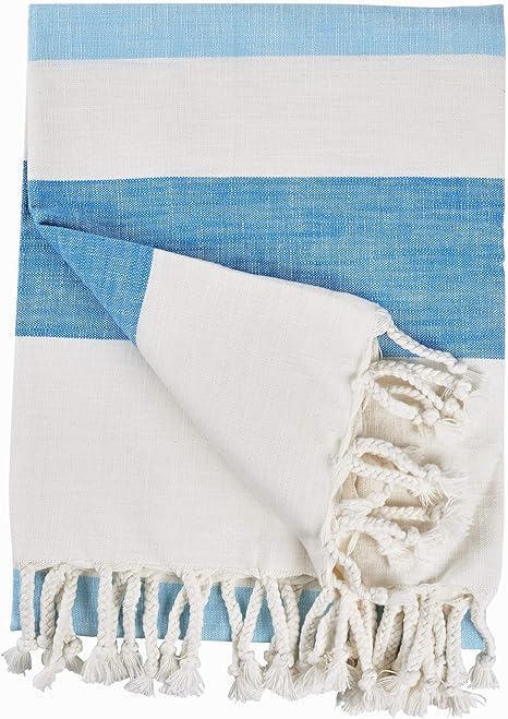 Amazon Com Motini 100 Cotton Striped Throw Blankets Plain Woven Slub Fabric With Decorative Fringe Tassels For Sofa Couch 50 X 60 Blue And White Kitchen Dining