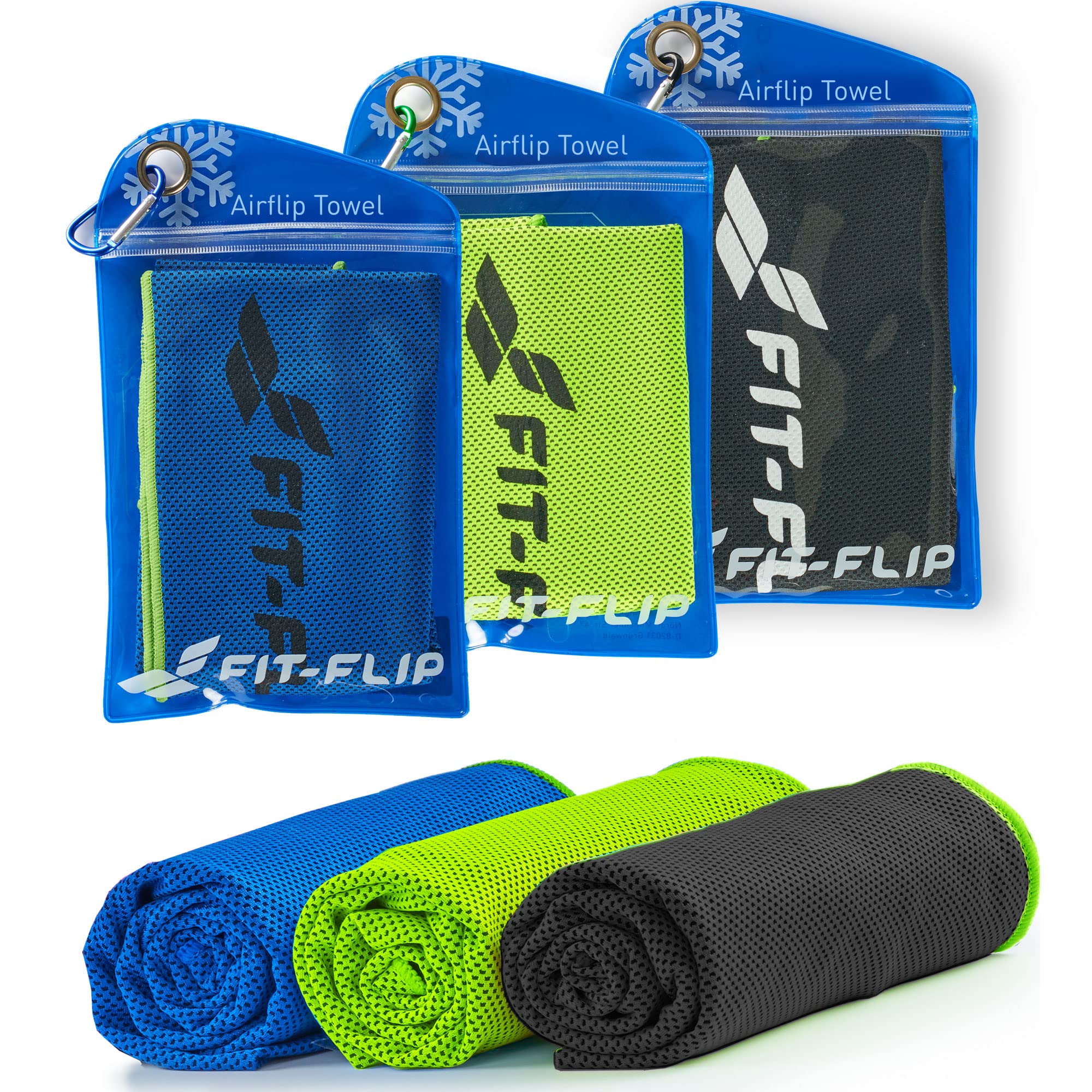 Fit-Flip Set of Cooling towels - Airflip - cool touch microfibre ice towel as wet neck scarf - cold cloth for sport, yoga and fitness for yoga (black-green/green/dark blue-green, 100x30cm)