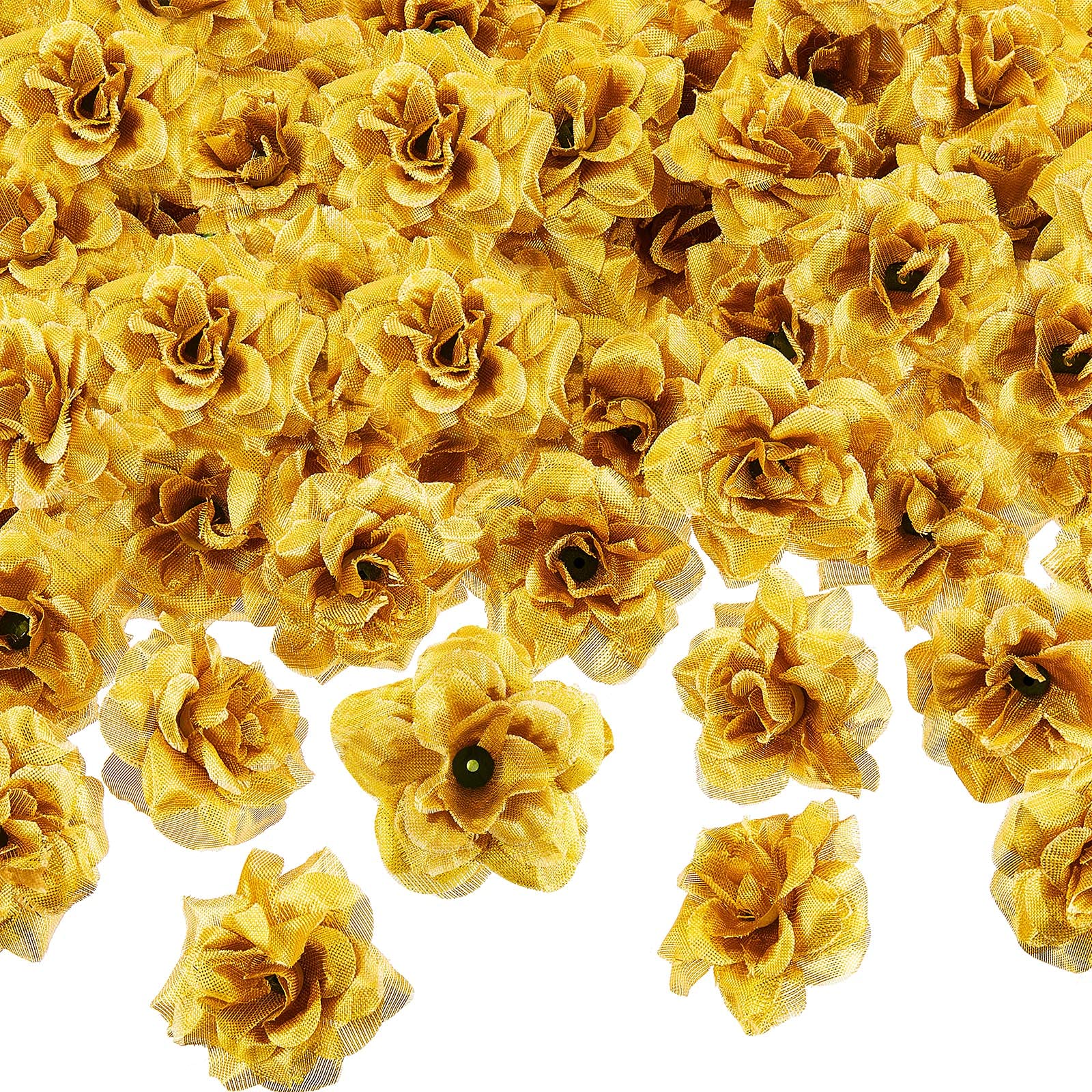 Syhood 100 Pieces Artificial Roses Head 1.77 in Rose Small Silk Fake Floral for Wedding Wall Garland Bouquet Derby Crafts Decorations(Gold)