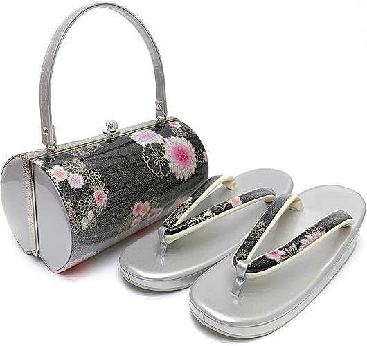Amazon 京都室町st 草履バッグセット 成人式 振袖用 草履3lサイズ 和装バッグと二枚芯の草履 適応 25 5cm 27cm位 セット 黒ｘ銀 桜とダリア Zb3l863 下駄 草履