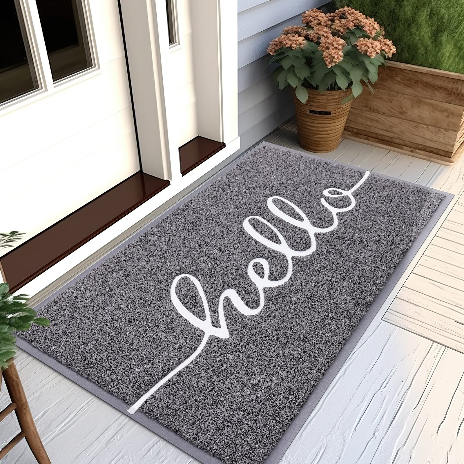 Homaxy Hello Door Mat, Dirt Trapper Doormats Non-Slip Low Profile Durable Door Mat for Outdoor, Indoor, Entrance, Patio, Front Back Door — (80 x 120cm, Grey)