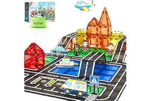 IGIVI Magnetic Tiles City Road Set with Magnet Car Toys, Magnetic Blocks Building Toys for Kids, STEM Construction Toys for Toddlers,Toy Gifts for 3+ Year Old Boys & Girls