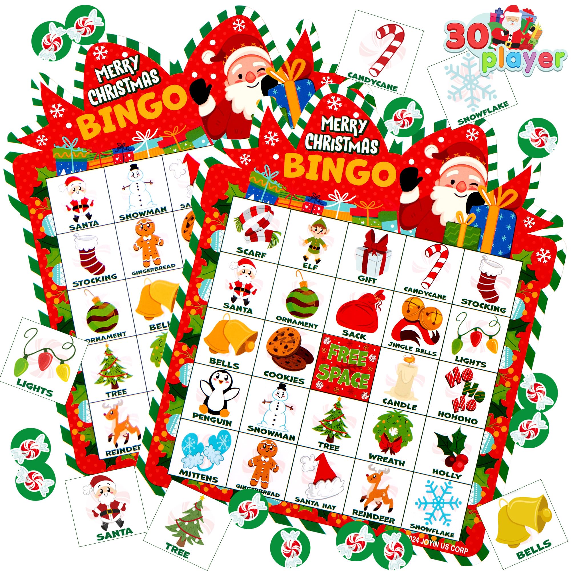 JOYIN 28 Players Christmas Bingo Cards (5x5) for Kids Family Activities, Party Card Games, School Classroom Games, Turkey Party Favors Supplies.