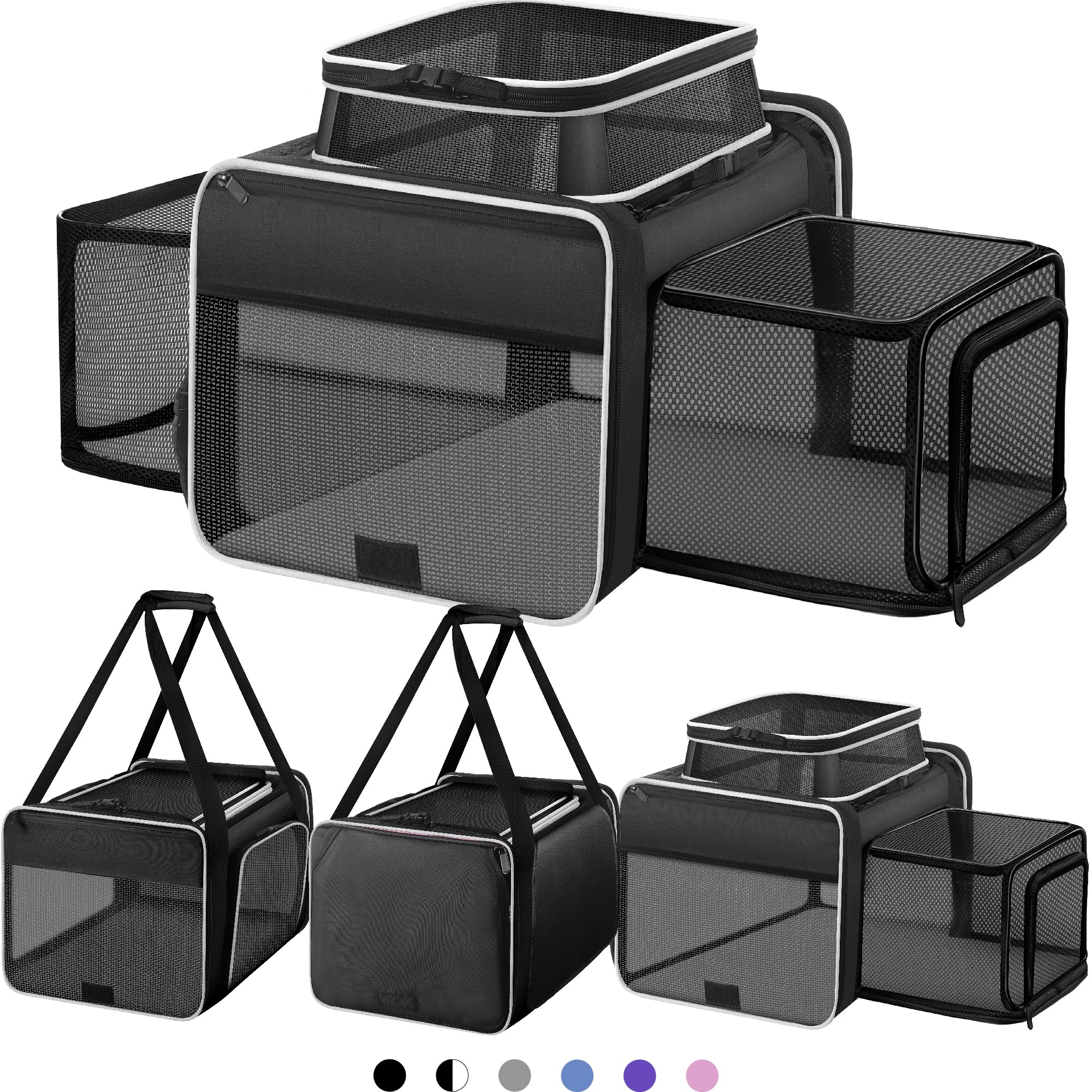 Photo 1 of Top and 2 Sides Expandable Cat Carrier 17x11x11, TSA Airline Approved Dog Carriers for Medium Dogs, Soft-Sided Pet Carrier with Self-Locking Zippers for Kitten,Rabbit, Puppy, Guinea Pig Black White