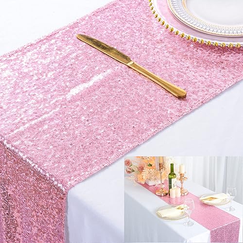 ShinyBeauty 12x72-Inch Glitter Sequin Table Runner, Pink Gold Sparkly Wedding Decor, 30cm x 180cm Dining Table Cover for Birthday Christmas Party Celebration