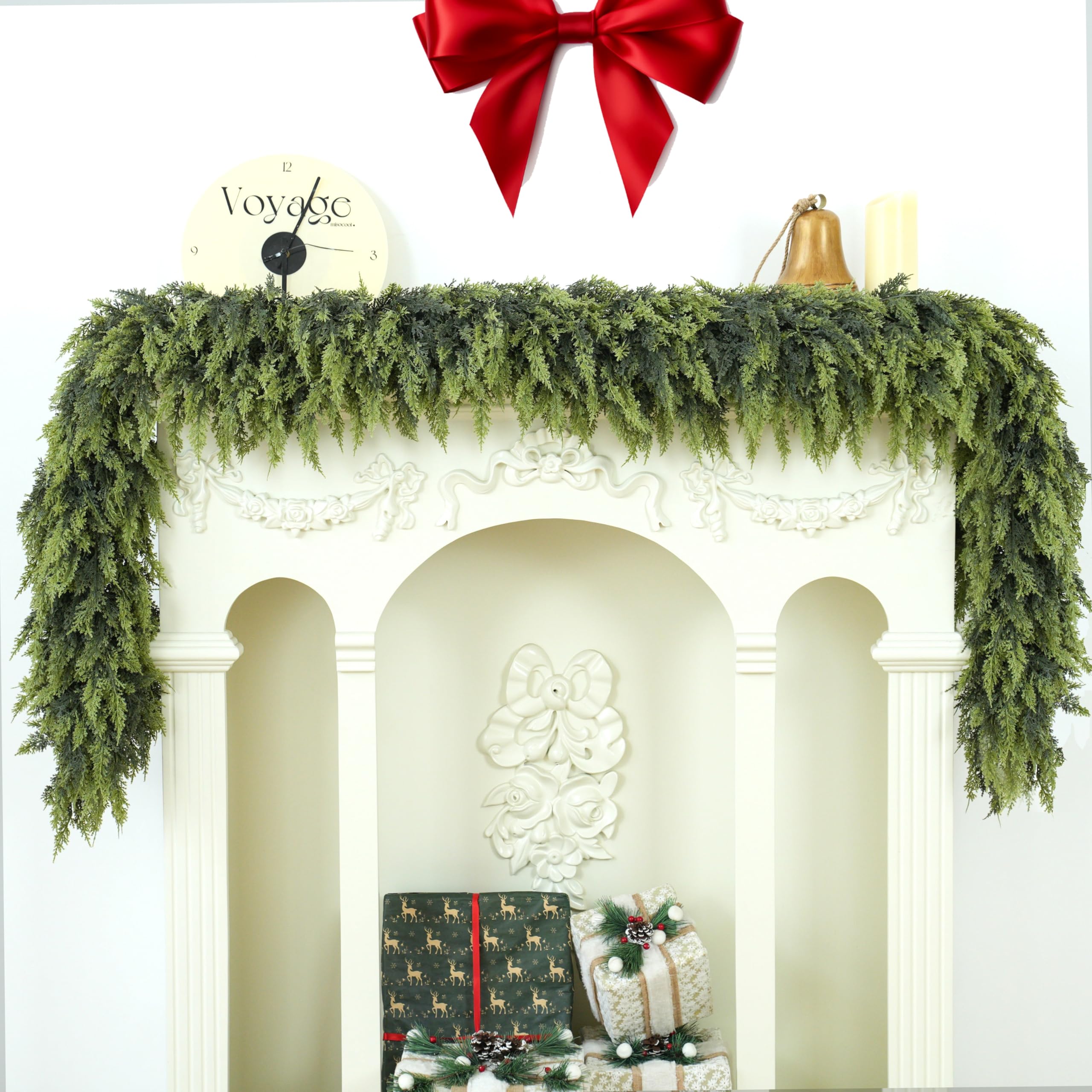 Photo 1 of Tasruwat 9FT 1Pcs Christmas Cedar Garland Artificial Realistic Soft Thick Green Faux Lush Cedar Pine Garland for Fireplace Mantel Stairs Doorframe Table Porch Indoor Outdoor Holiday Decor