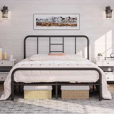 Yaheetech Black Metal Double Bed Frame 4ft6 with Curved Headboard