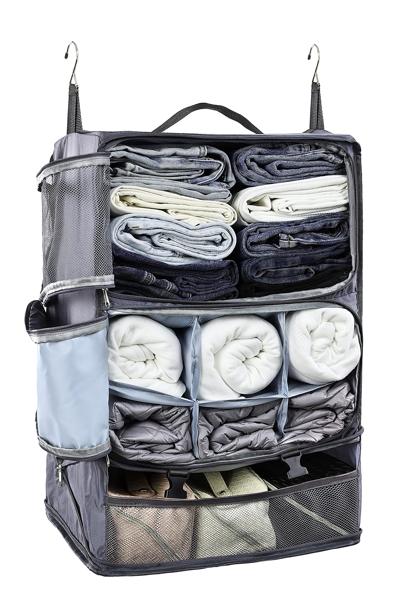 Photo 1 of ELEZAY Hanging Packing Cubes Portable Closet 3-Shelf Travel Collapsible Compression Garment Organizer for Carry-on Luggage Suitcase Space Saver Bag XX-Large_No Side Pockets, Gray