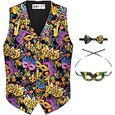 Arvilhill 3 Pcs Mens Mardi Gras Vest Suit Bow Tie Mask Sets Carnival Waistcoat (S-XXL)