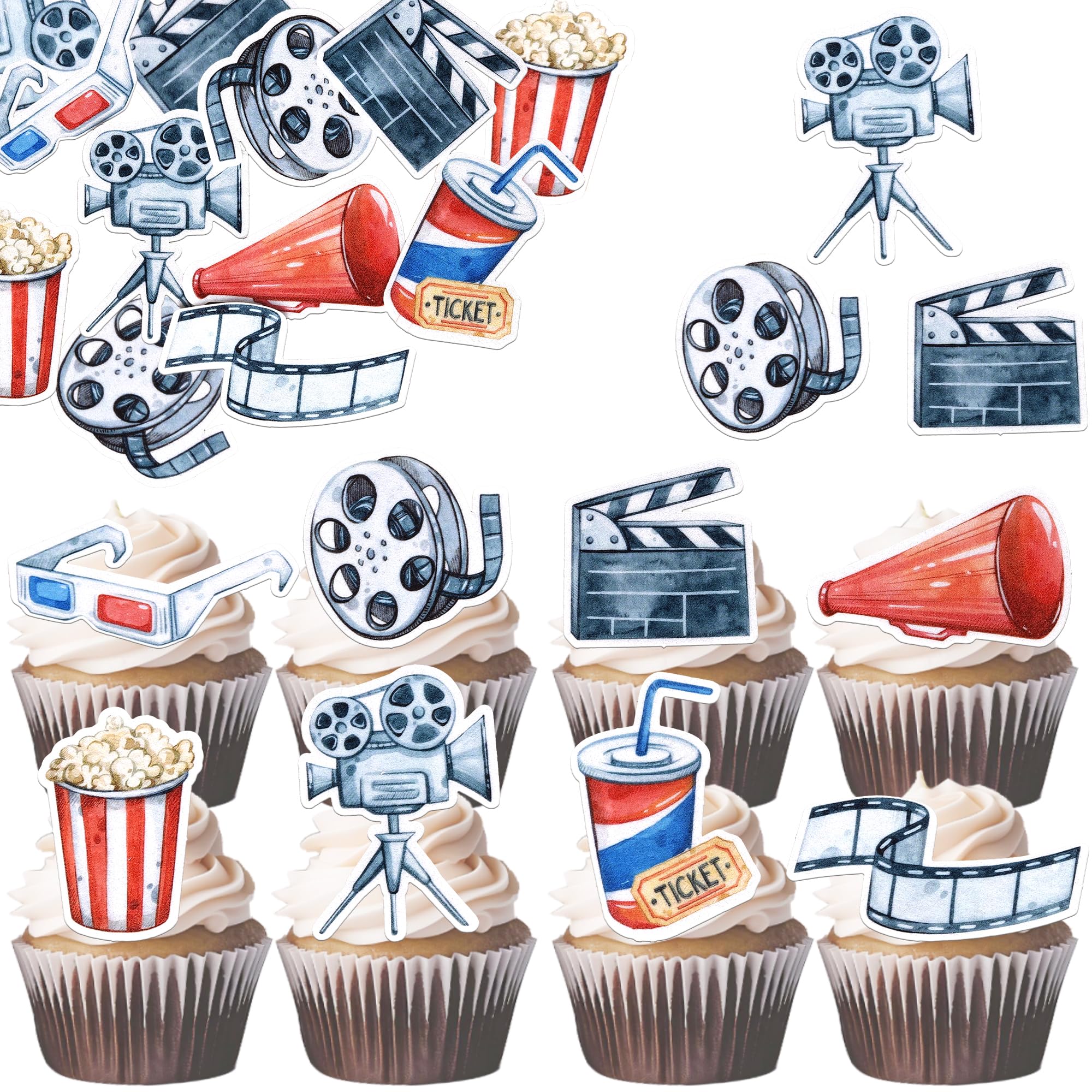 64 Pack Edible Movie Cupcake Toppers Double Movie Night Roll Glasses Camera Popcorn Cupcake Picks Projector Hollywood Cake Decorations for Movie Theme Baby Shower Kids Birthday Party Decro Supplies