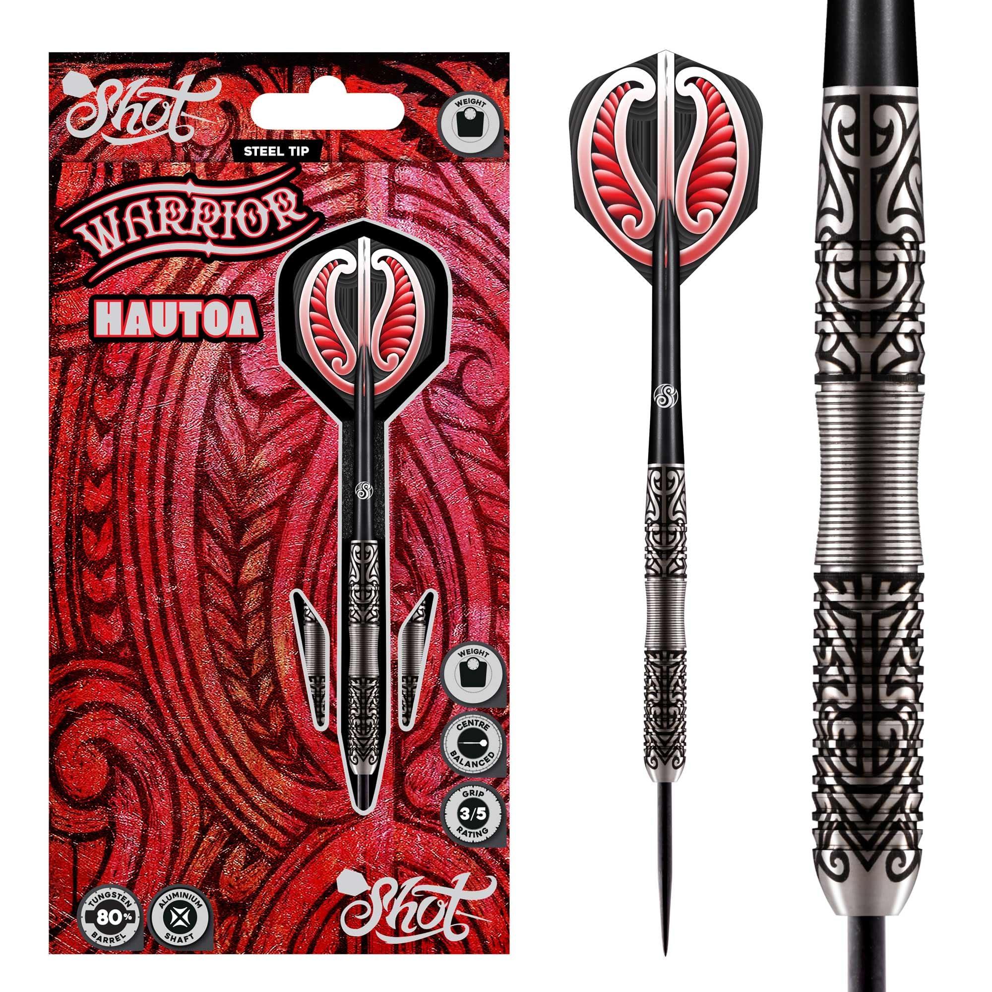 Shot! Darts Warrior Hautoa Steel Tip Dart Set-Centre Weighted 80% Tungsten Barrels 22gm