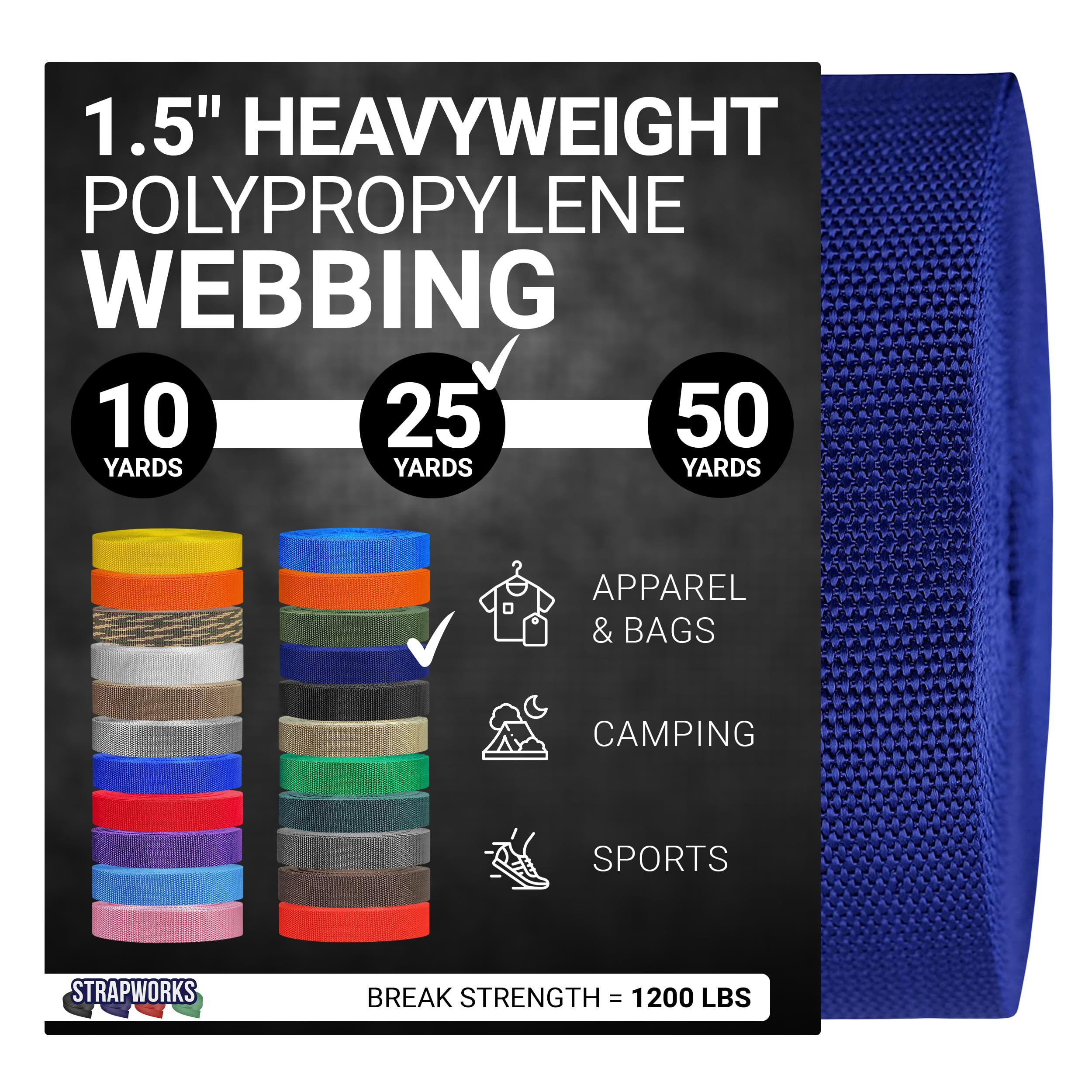 Strapworks Heavyweight Polypropylene Webbing - Heavy Duty Poly Strapping for Outdoor DIY Gear Repair, 1.5 Inch x 25 Yards, Navy Blue