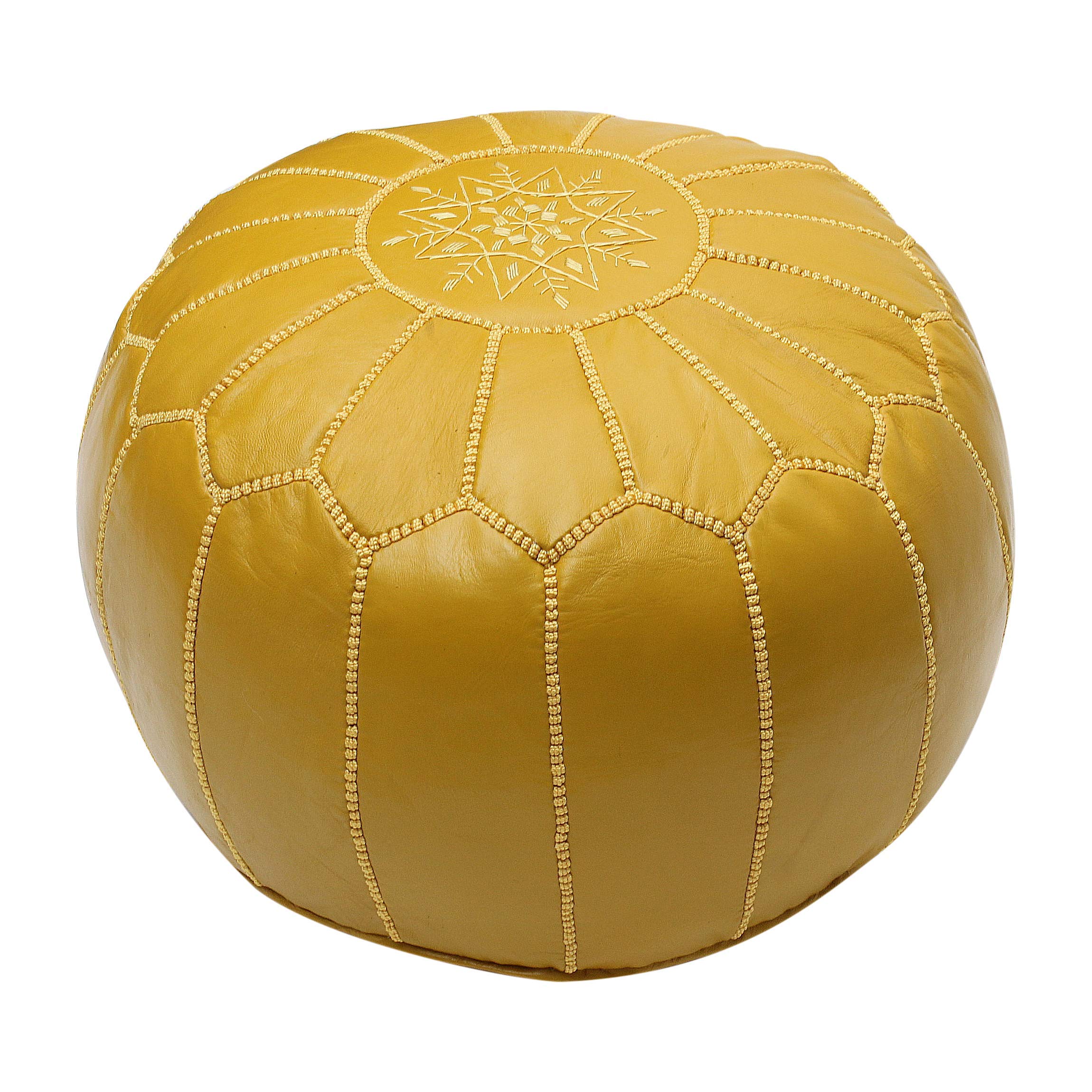 ESSENCE OF MOROCCO Moroccan Pouffe Pouf Footrest Footstool Ottoman Real Leather Yellow Mustard Handmade Hand-stitched with Embroidered Marrakech Design (COVER ONLY)
