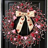 vivimemo 22-inch Valentine's Day Wreath, Red Pink Heart-Shaped Berry Bow Wreath for Front Door Valentine's Day Doorway Corridor Wall Fireplace Decoration Party Wedding Office Decor