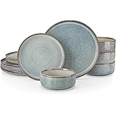 vancasso PLAYA Plates and Bowls Sets, 12 Pieces Light-Blue Dinnerware Sets for Kitchen, Reactive Glaze Dishes Set for 4, Dishwasher and Microwave Safe