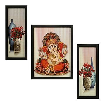Indianara Lord Ganesha Paintings, Synthetic wood(1060),Without Glass 5.2X12.5, 9.5X12.5, 5.2X12.5- inch(Multicolour) - Set of 3