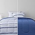 Amazon Basics Ultra-Soft Lightweight Microfiber Reversible Comforter Bed-in-a-Bag 5-Piece Set, Twin/Twin XL, Blue Denim/Beige Stripes, Striped