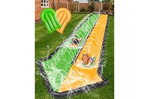 POOLERGETIC Lawn Water Slide for Kids, 20ft Long Inflatable Slip Splash Long Water Slide Racing Lane for Kids Adults with 2 Bodyboards and Sprinkler, Summer Water Fun Toy for Backyard Lawn