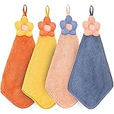 DOPENSPI 4PCS Hand Towels with Hanging Loop, Microfiber Coral Velvet Hanging Hands Dry Towels Super Soft Hangin Hand Towel Quick Dry Cleaning Cloths for Kitchen Bathroom Super Absorbent