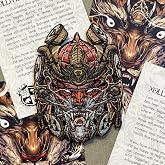 Tiger Warrior Samurai Helmet Embroidery Morale Patch &ndash; Japanese Tattoo Art Style, Tactical Bushido Design, Embroidered Feline with Samurai Armor, Collectible Patch Including Art Card Limited