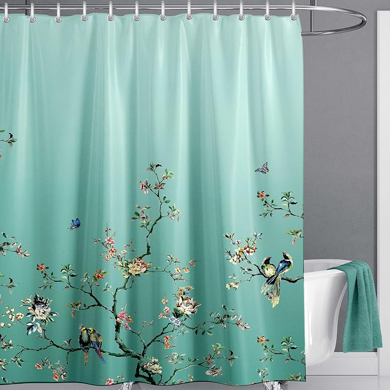 LIVETTY Green Bird Floral Shower Curtain 180 x 180 cm with 12 Hooks