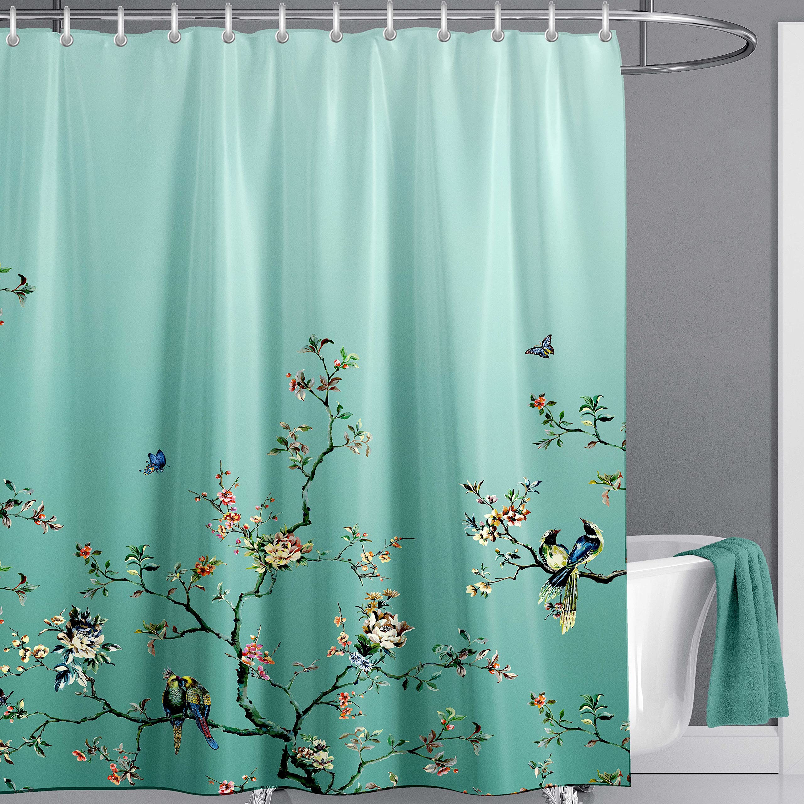 LIVETTY Ombre Green Bird Extra Long Shower Curtain 180cm × 200cm Drop Floral Butterfly Fabric Bathroom Mould Proof Spring Washable Shower Curtain With 12 Hooks