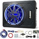 Feikeer 10" 1200W UnderSeat Subwoofer and Amp Package,Full-Metal Body | Slim Subwoofer with Built In Amp, Under Seat Subwoofers with Amp,with Multicolor LED Lighting,Slim Full-Metal Body