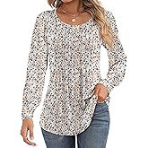 Ficerd Women's Puff Long Sleeve Tunic Tops Pleated Crew Neck Blouses Dressy Casual Loose Fit Fall and Winter Shirts